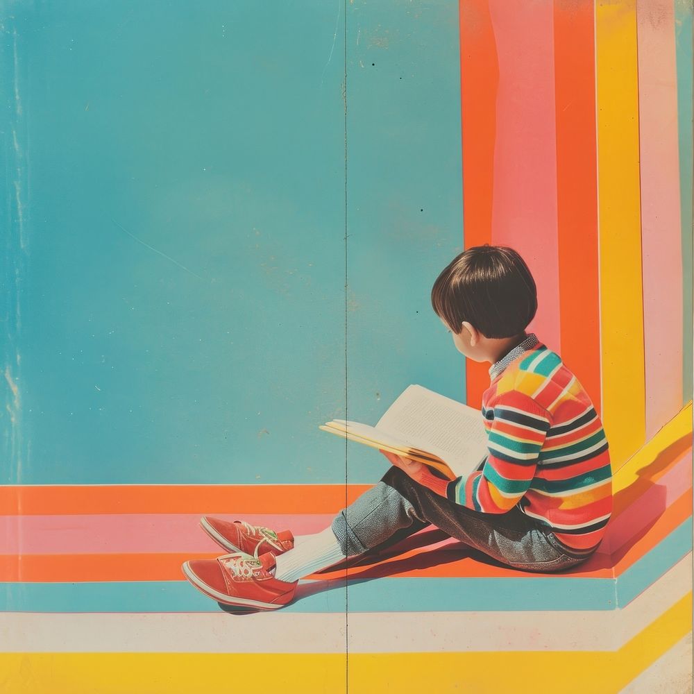 Retro collage of a young boy sitting reading clothing footwear.