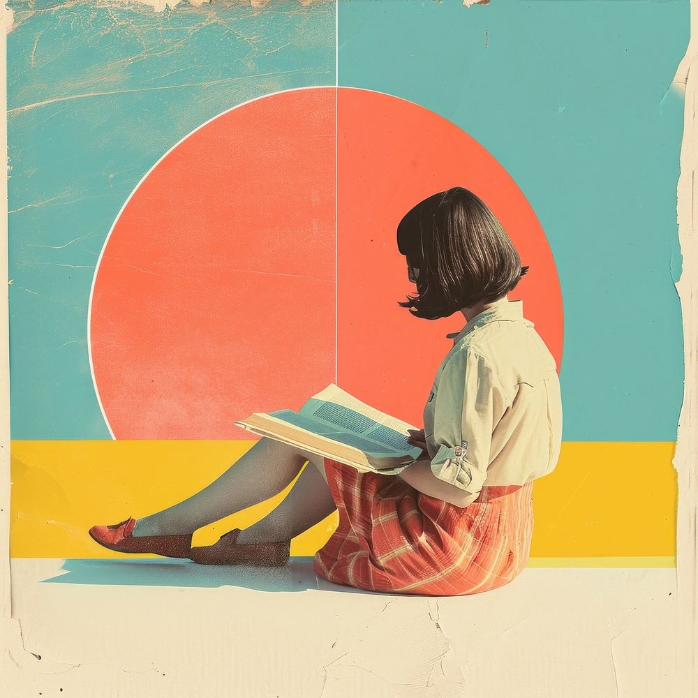 Retro collage of a young girl sitting reading advertisement painting.