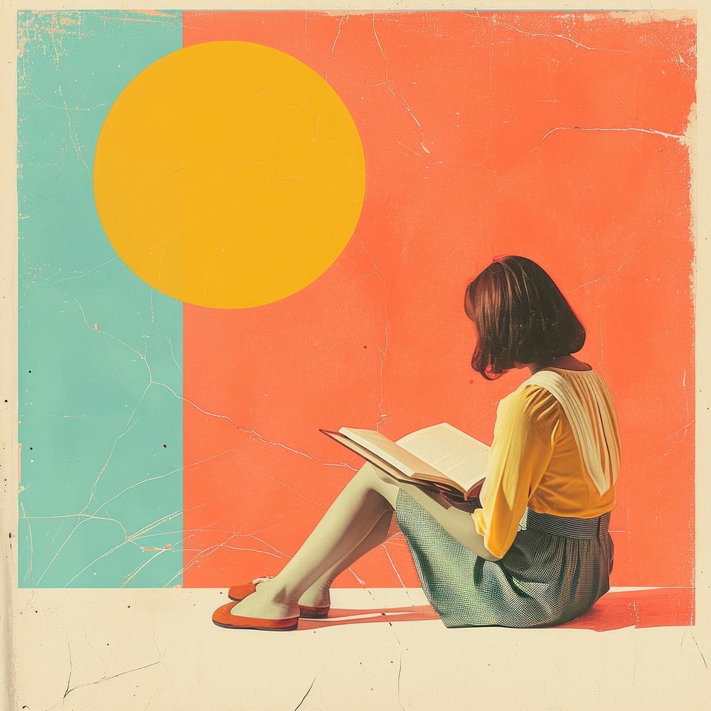 Retro collage of a young girl sitting reading person human.