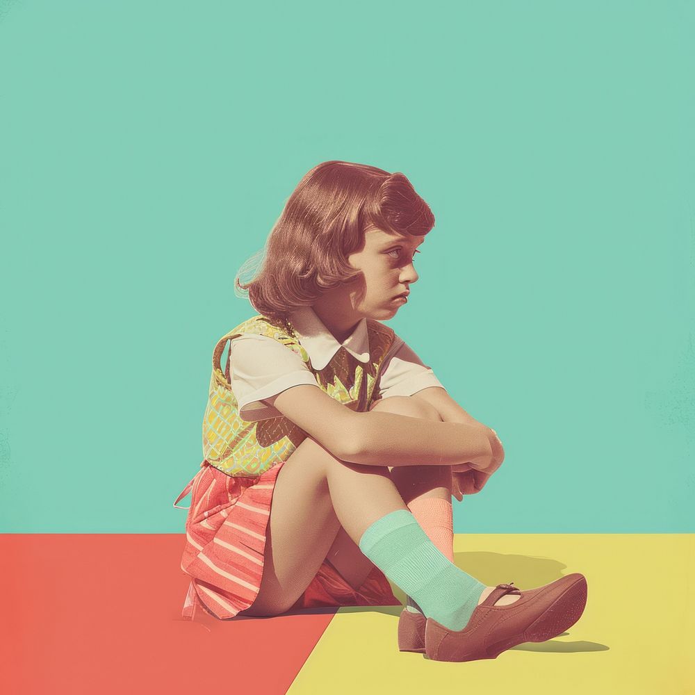 Retro collage of a young girl sitting on the floor photography portrait person.