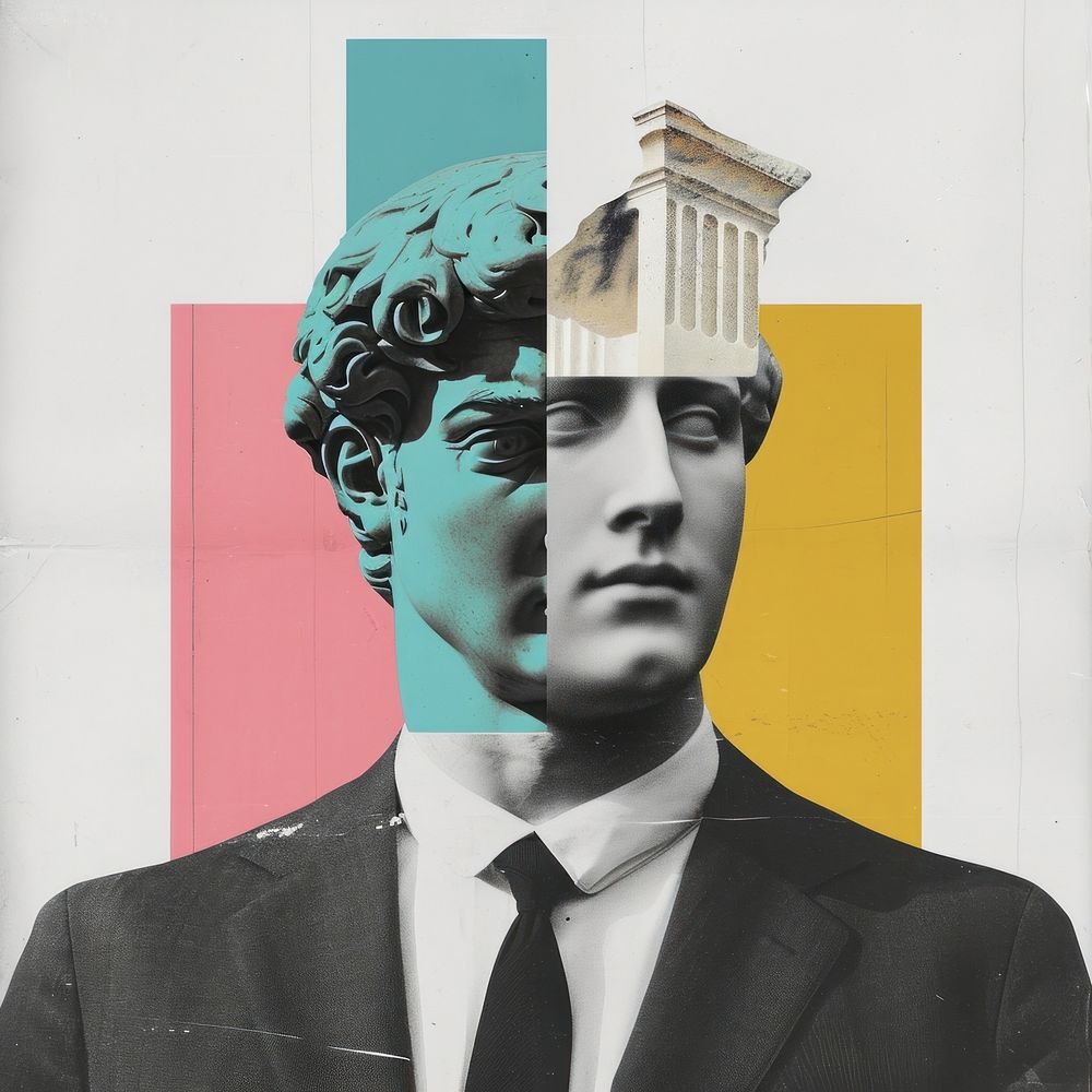 A business man with a statue head collage photo advertisement.