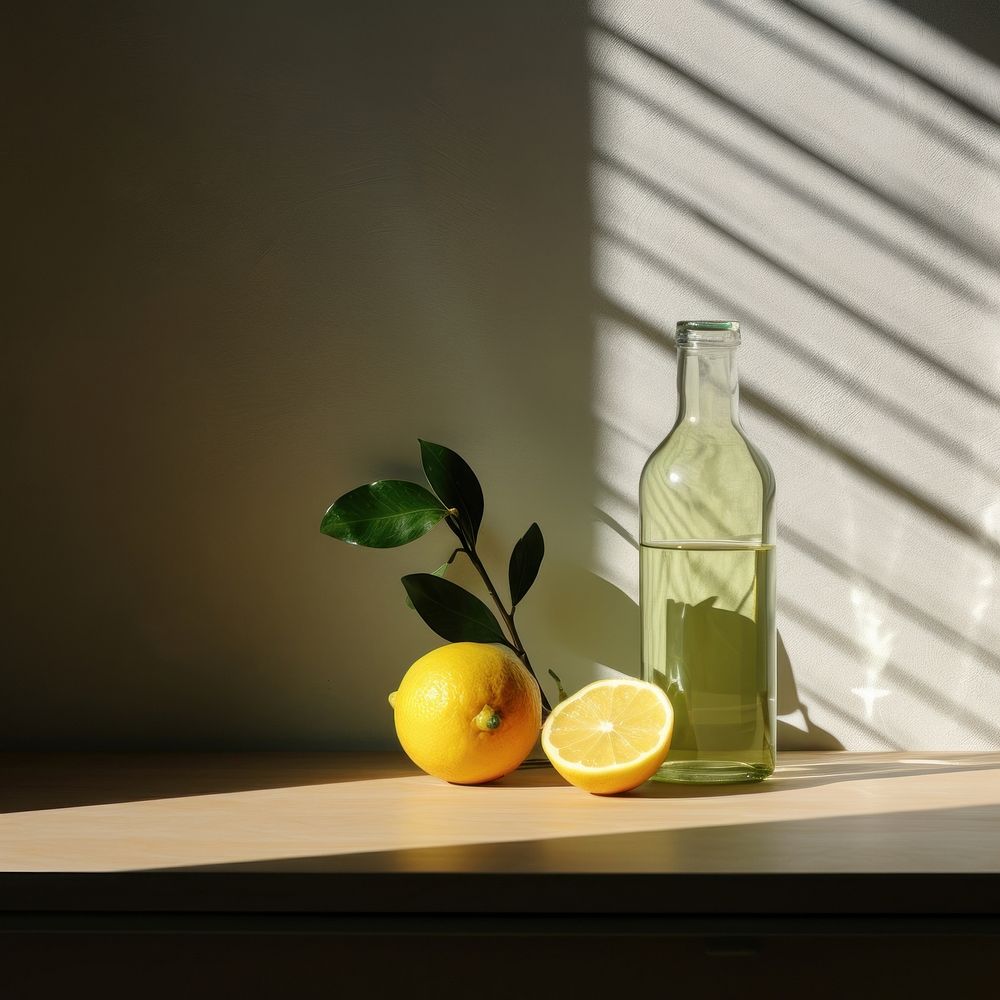 A glass bottle with two lemons sitting on a table fruit plant food. AI generated Image by rawpixel.