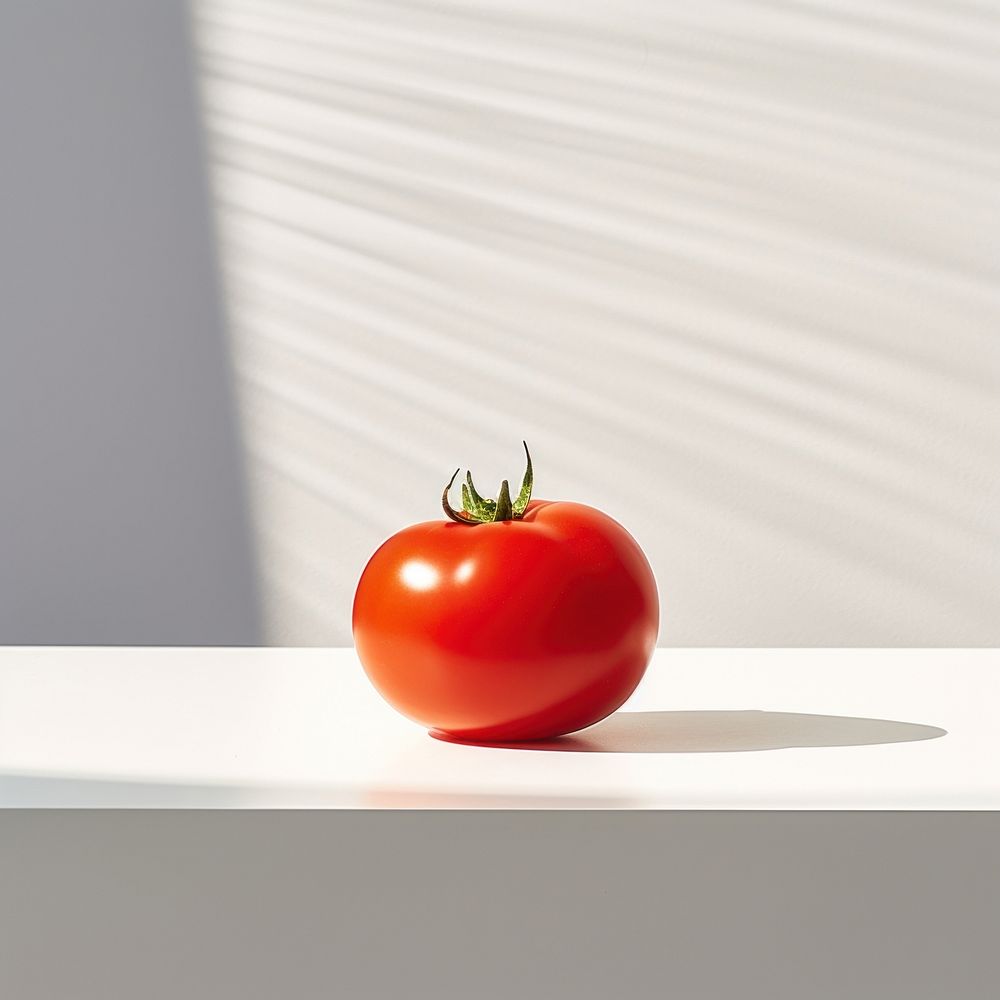 A red tomato sitting on top of a white table vegetable plant food. AI generated Image by rawpixel.