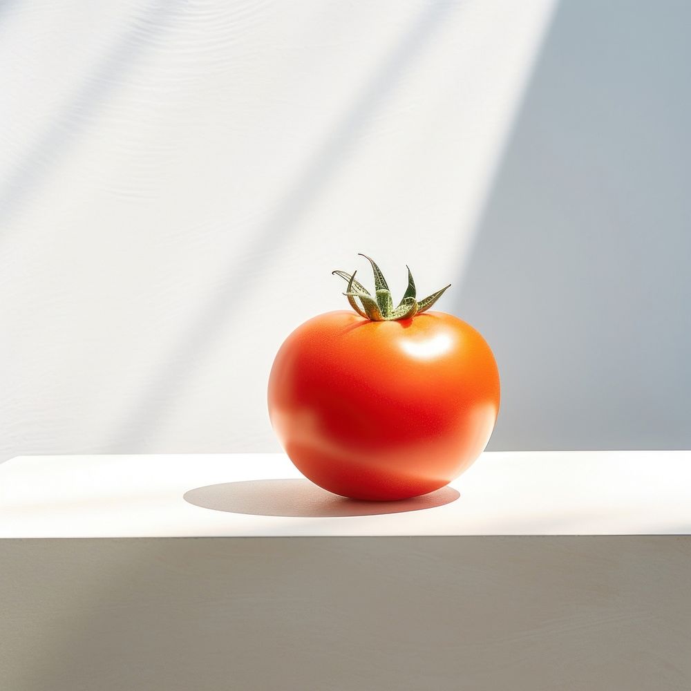 A red tomato sitting on top of a white table vegetable plant food. AI generated Image by rawpixel.