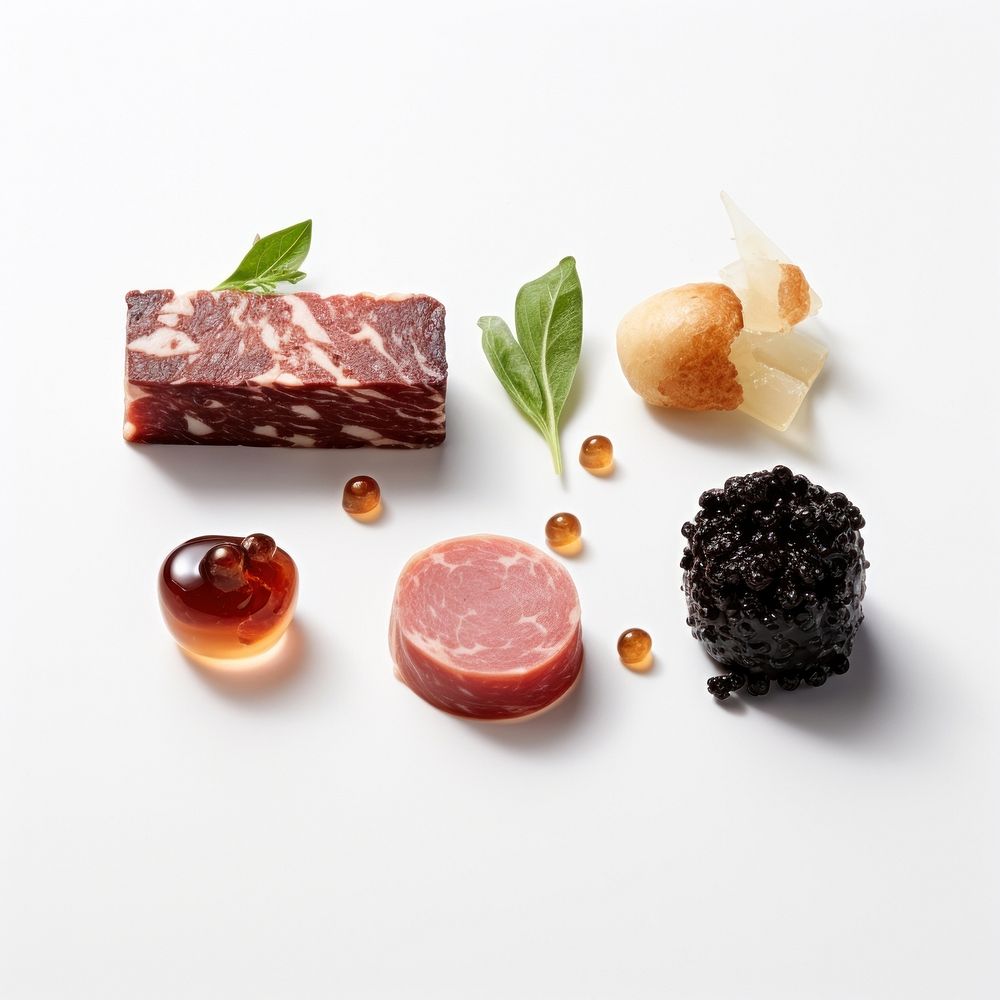 Gourmet food meat dish white background.