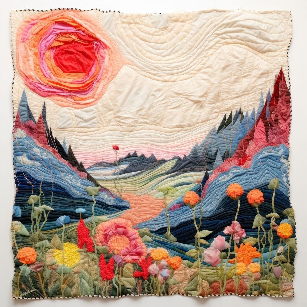 Minimal colorful rose frame border needlework embroidery textile.
