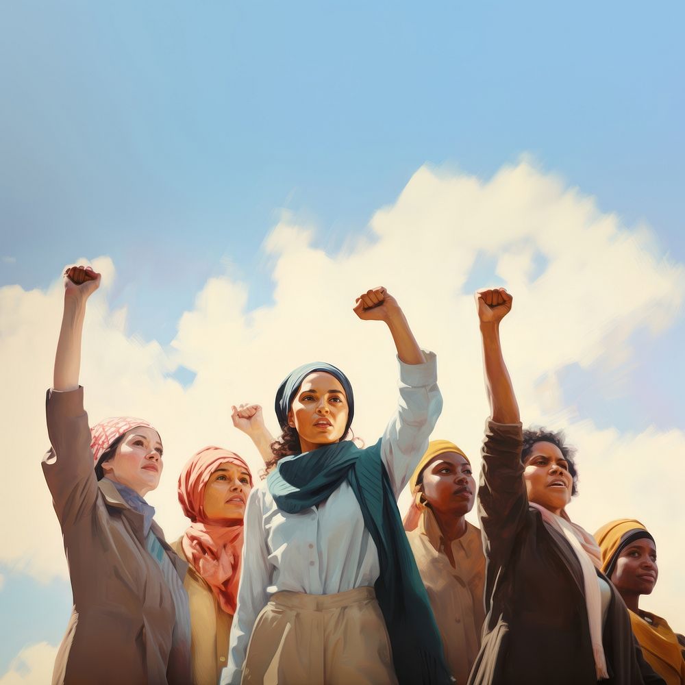 Diverse Women raising a fist adult women sky.