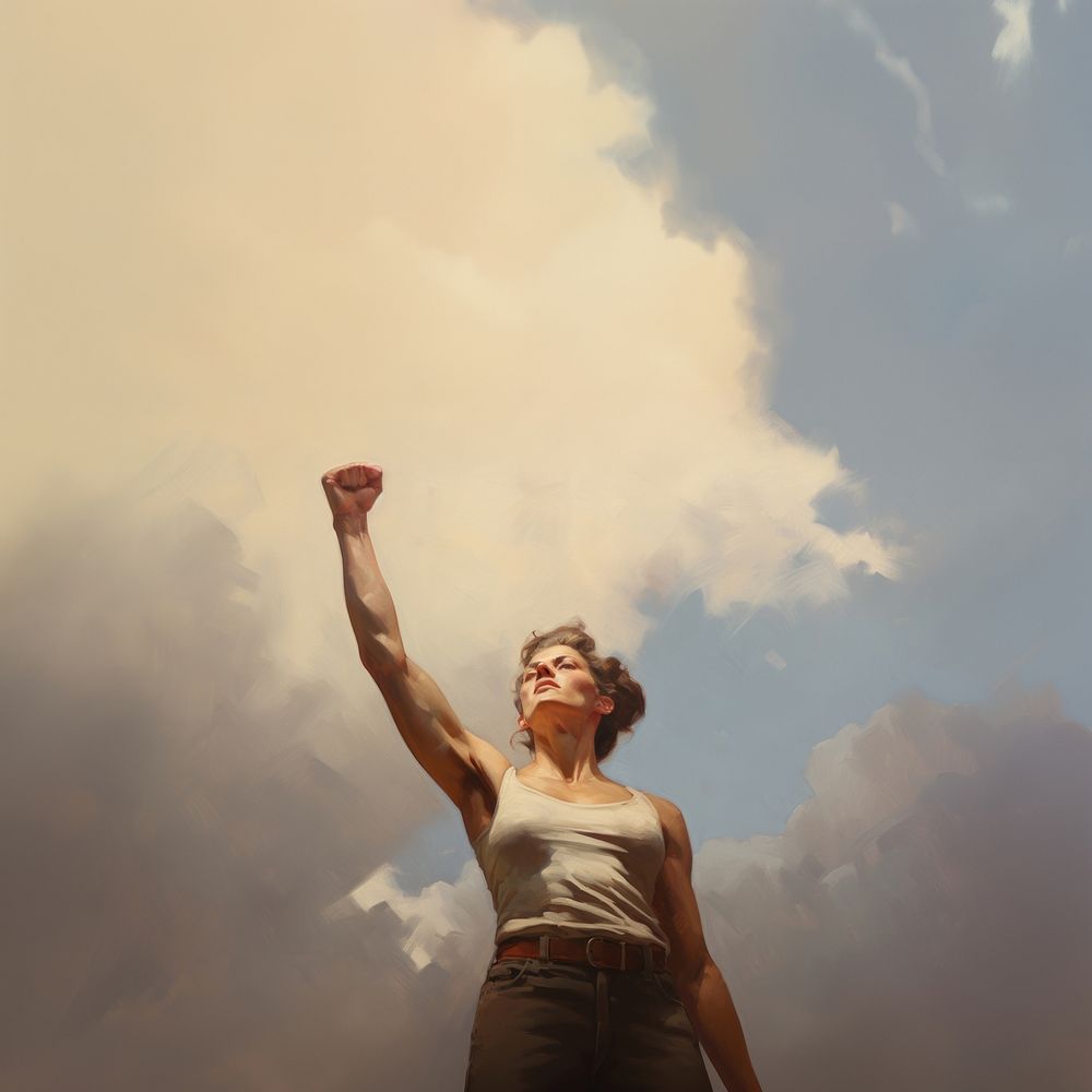 Woman raising a fist sky outdoors cloud.