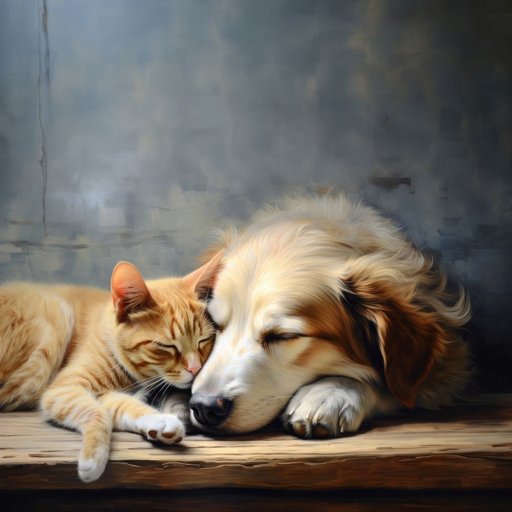 Cat and dog sleeping painting mammal.