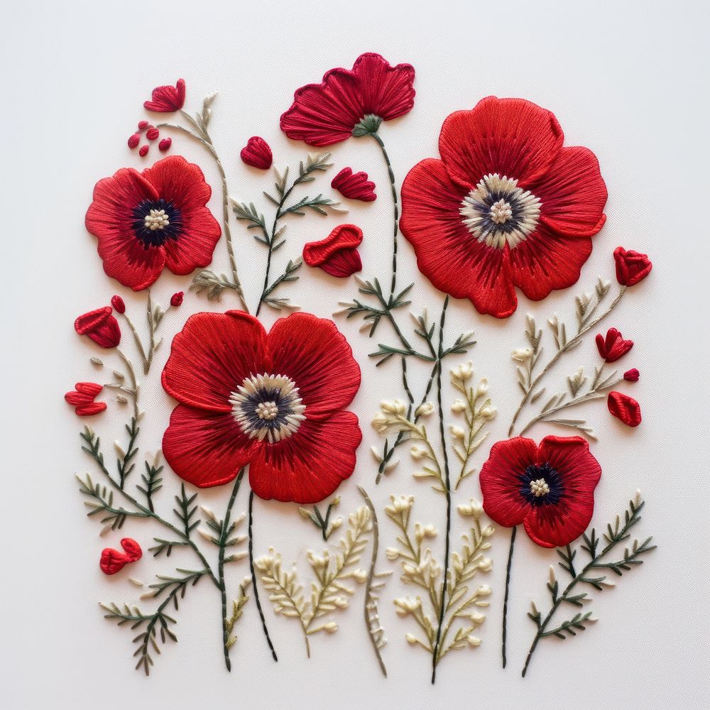 Red embroidery style wildflower pattern.