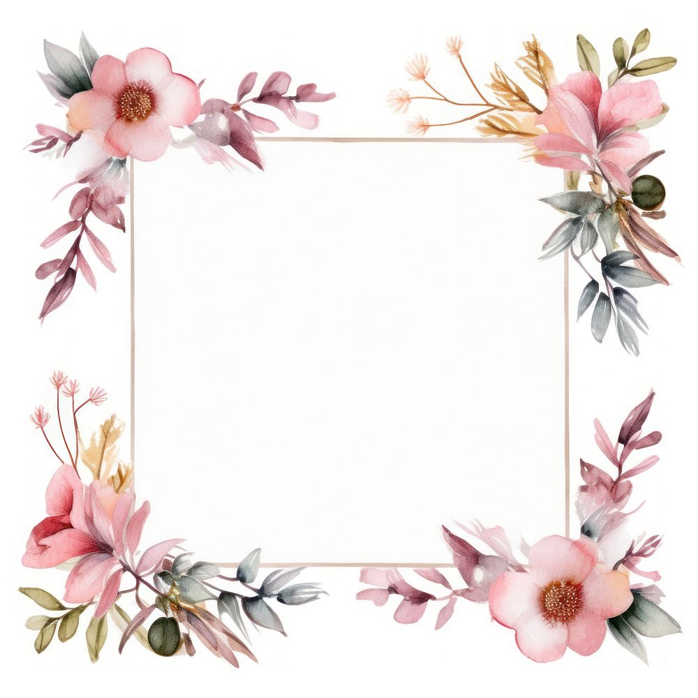Little minimal little flower square border in watercolor style frame plant white background. AI generated Image by rawpixel.