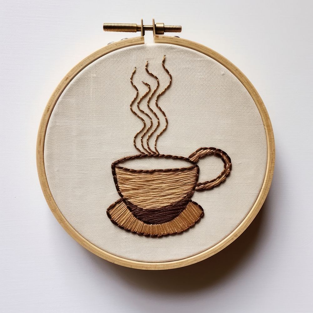 Embroidery white fabric coffee cup pattern.