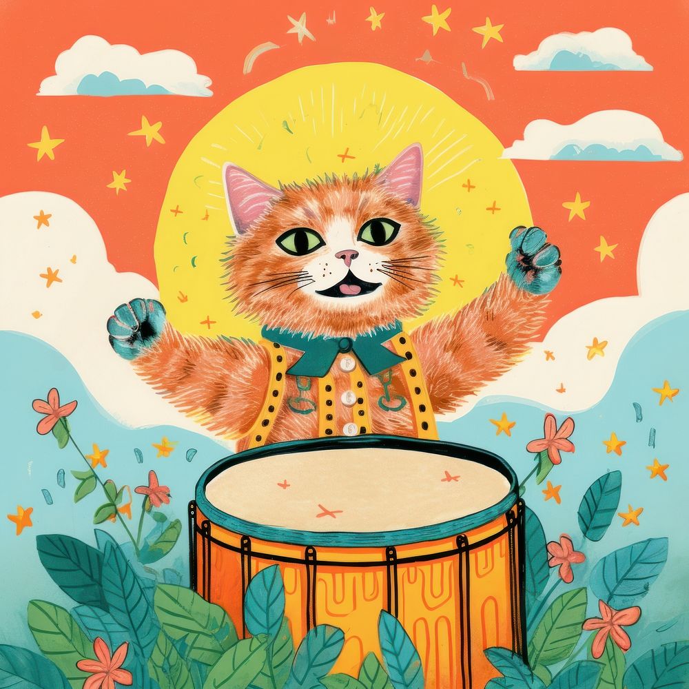Cat playing drum drums percussion mammal. AI generated Image by rawpixel.