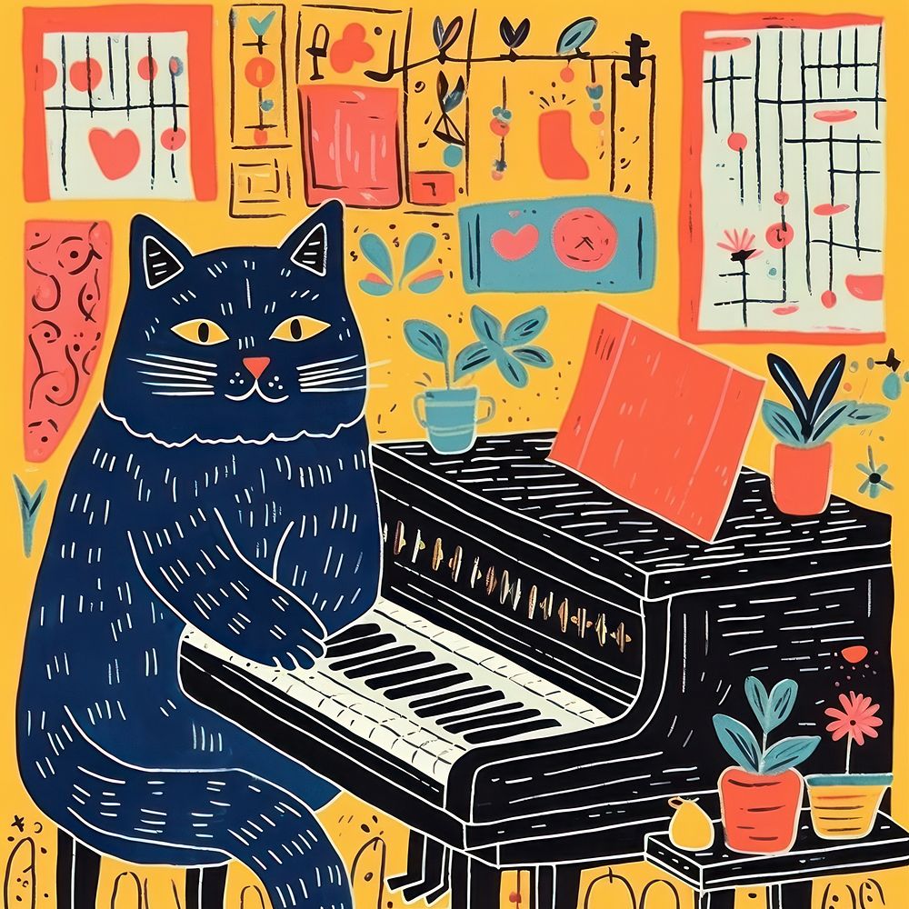 Cat playing piano keyboard mammal pet. AI generated Image by rawpixel.