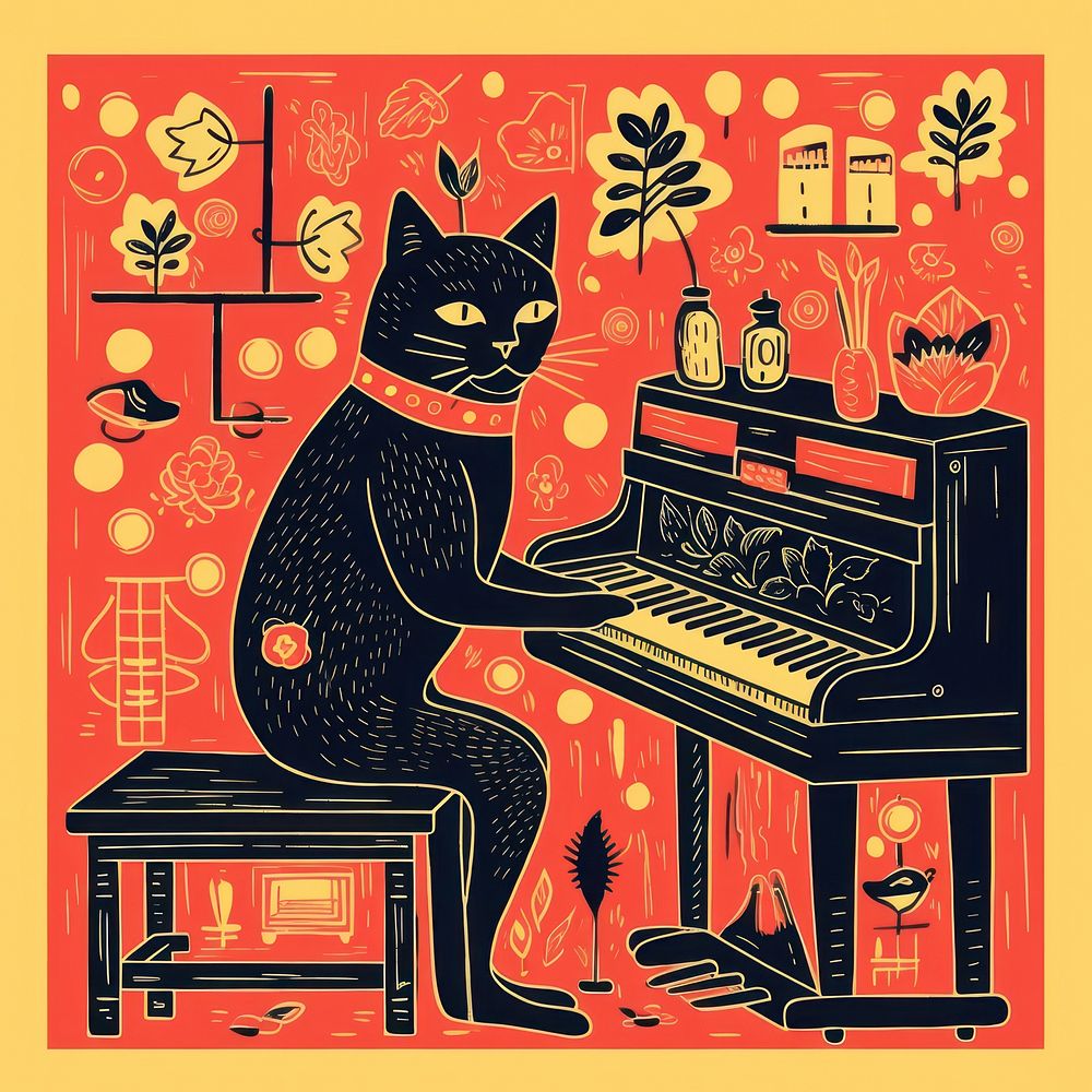Cat playing piano animal mammal pet. AI generated Image by rawpixel.