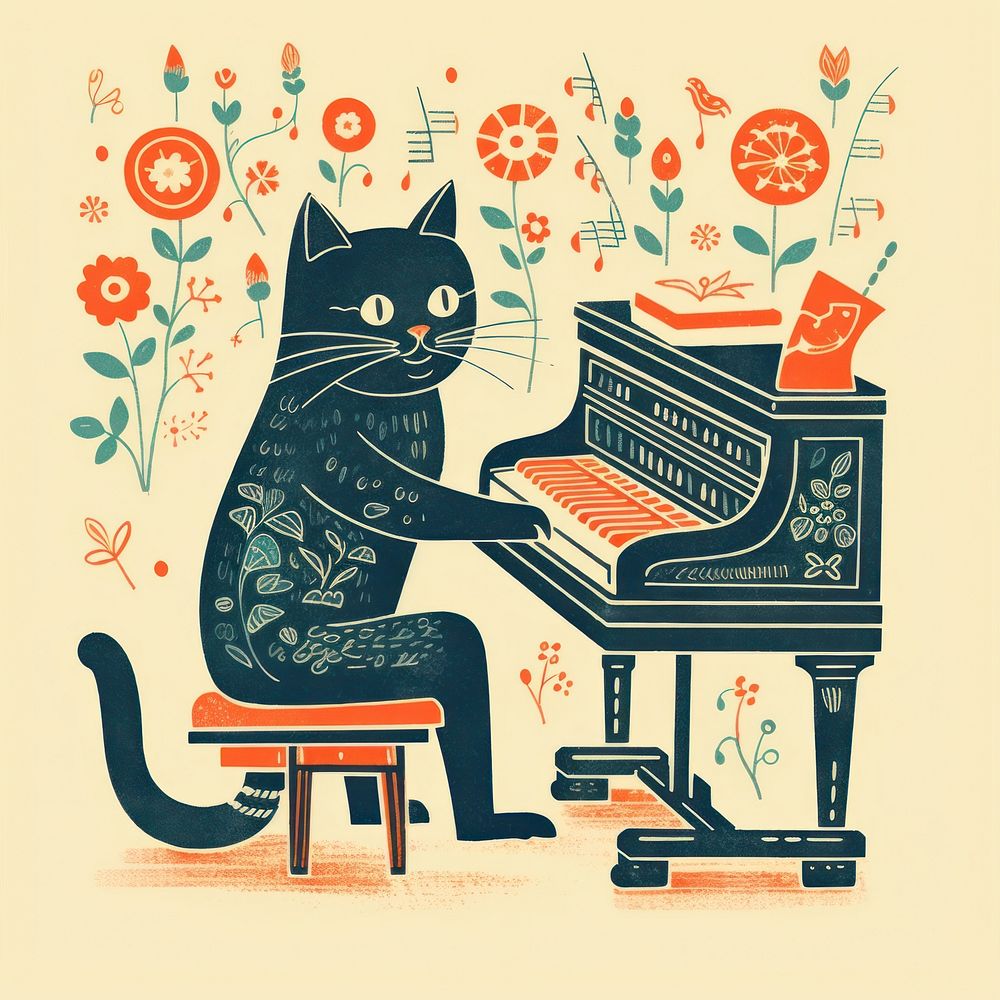 Cat playing piano keyboard animal mammal. AI generated Image by rawpixel.