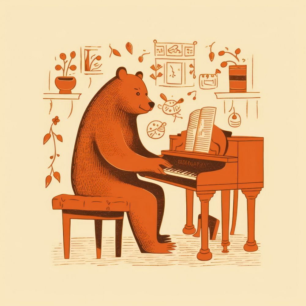 Bear playing piano mammal music representation. AI generated Image by rawpixel.