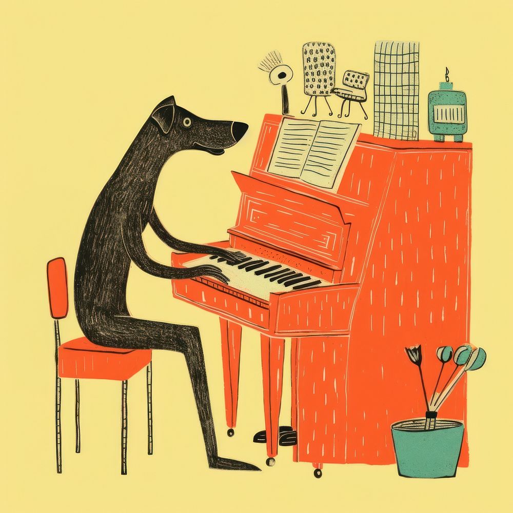 Dog playing piano chair harpsichord creativity. AI generated Image by rawpixel.
