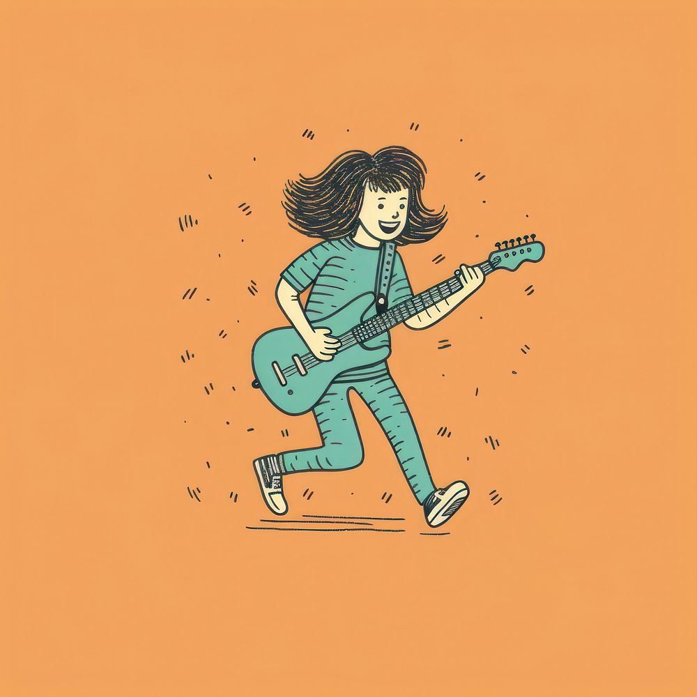 Kid girl playing guitar drawing cartoon sketch. AI generated Image by rawpixel.