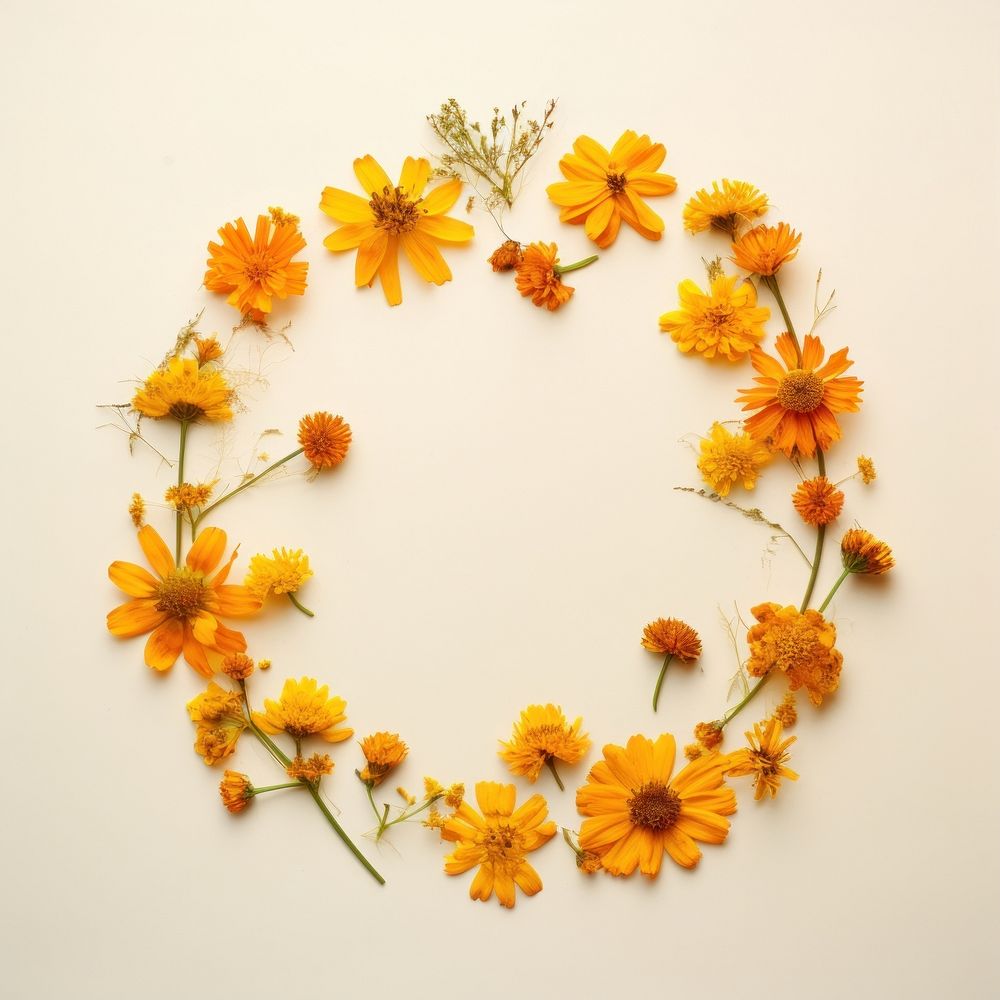 PNG Real pressed marigold flowers circle wreath plant. AI generated Image by rawpixel.