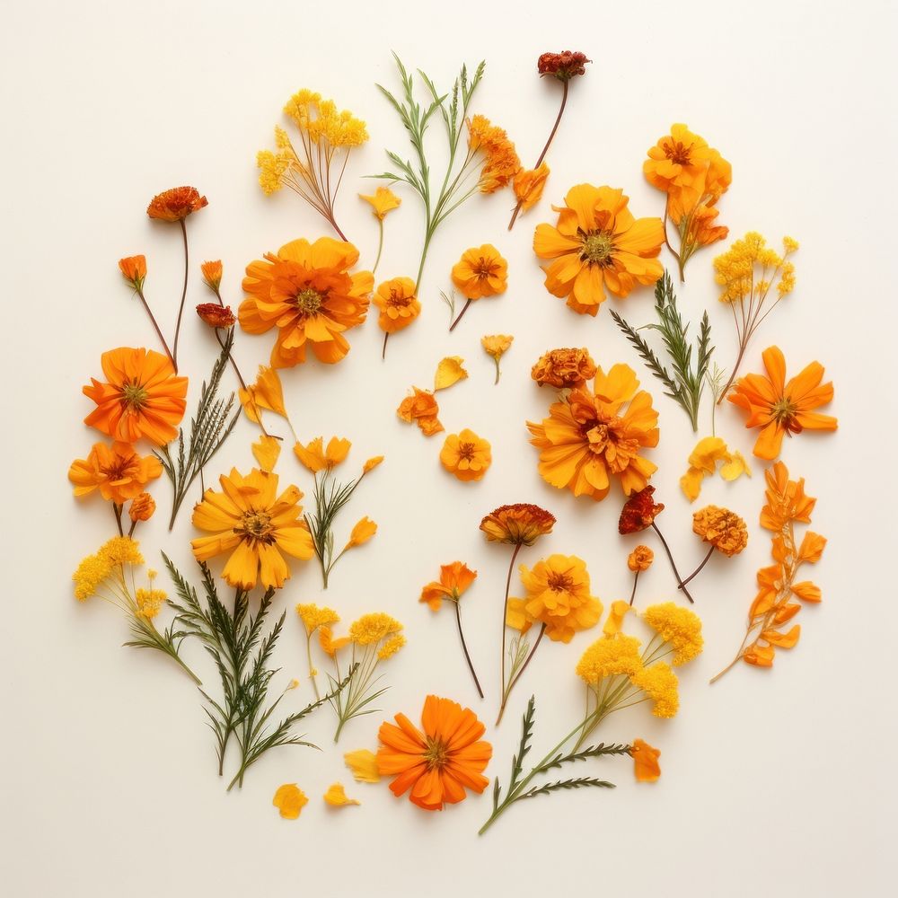 PNG Real pressed marigold flowers herbs plant petal