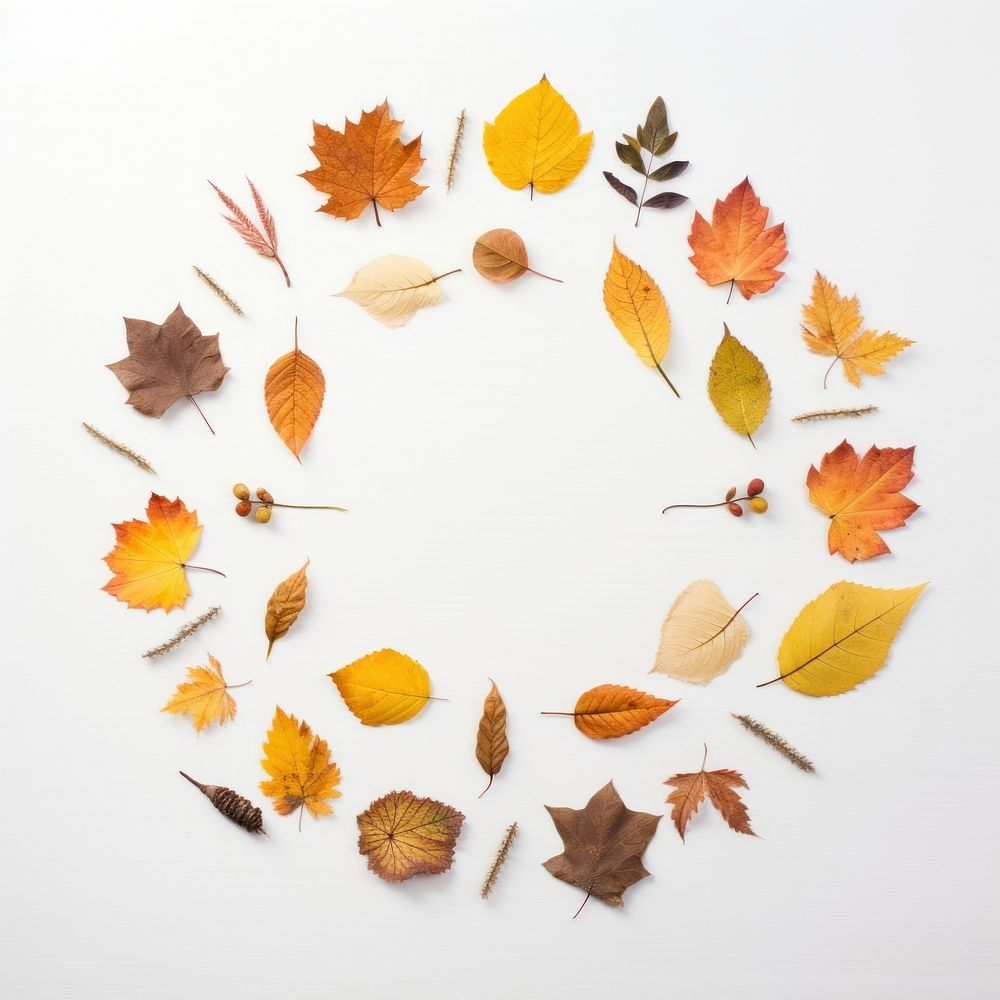 PNG Real pressed autumn leaves circle plant shape. AI generated Image by rawpixel.