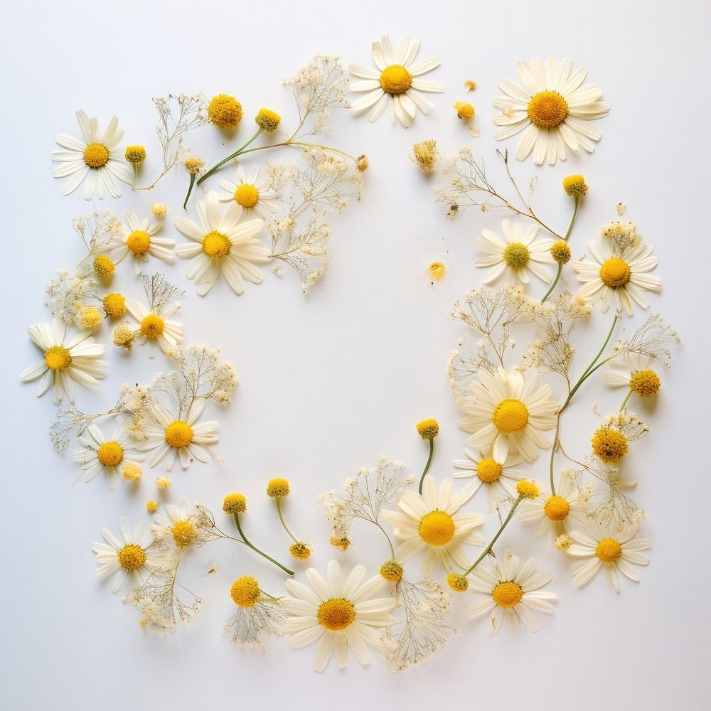 PNG Real pressed chamomile flowers pattern circle wreath. AI generated Image by rawpixel.