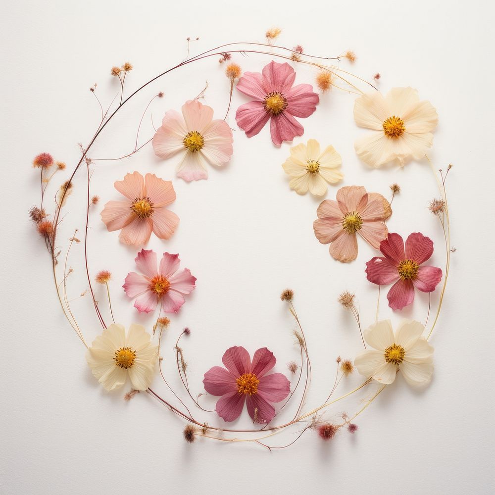 PNG Real pressed cosmos flowers pattern circle wreath. AI generated Image by rawpixel.