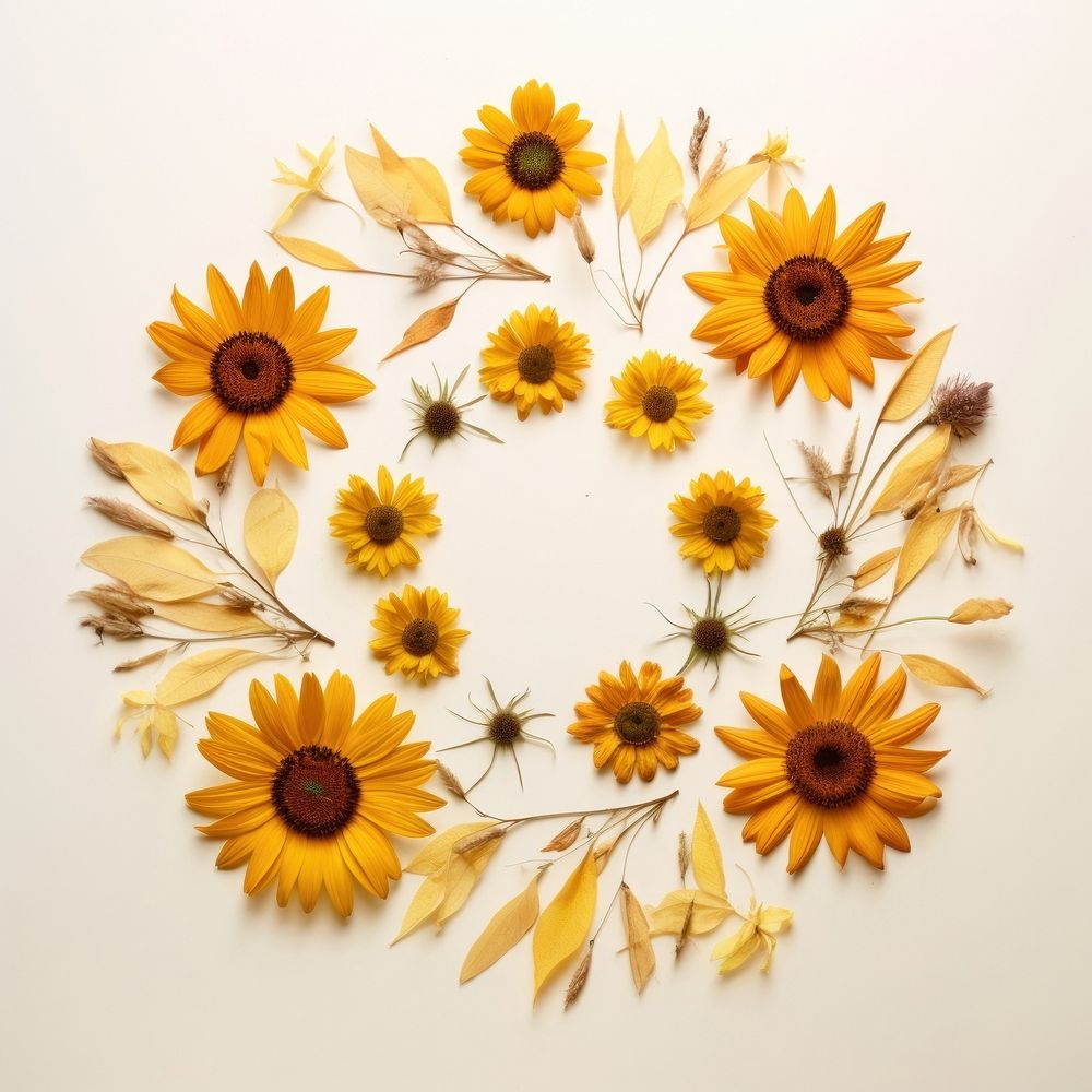 PNG Real pressed sunflowers pattern circle wreath. AI generated Image by rawpixel.