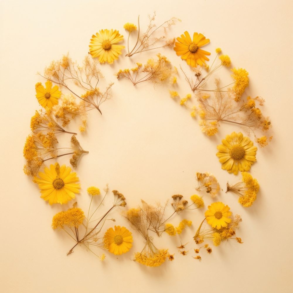 PNG Real pressed yellow flowers circle wreath petal. AI generated Image by rawpixel.