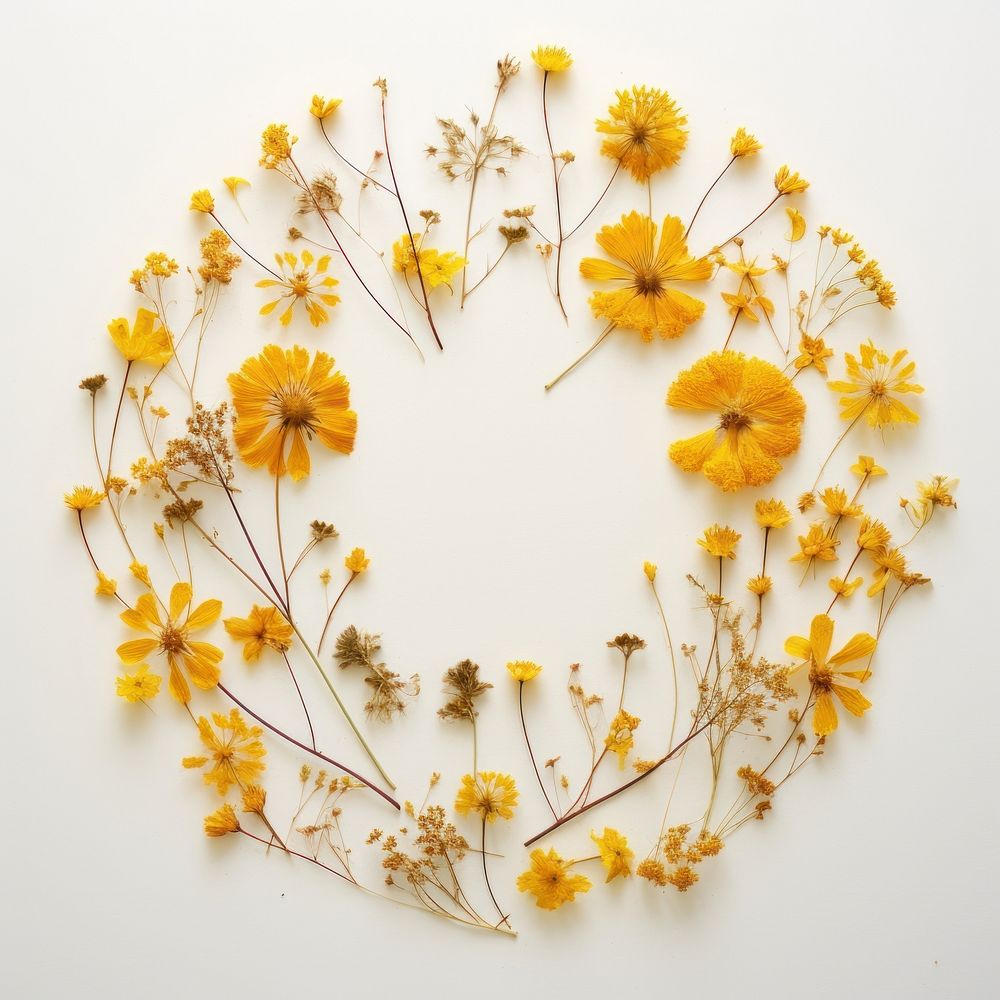 PNG Real pressed yellow flowers circle shape plant. AI generated Image by rawpixel.