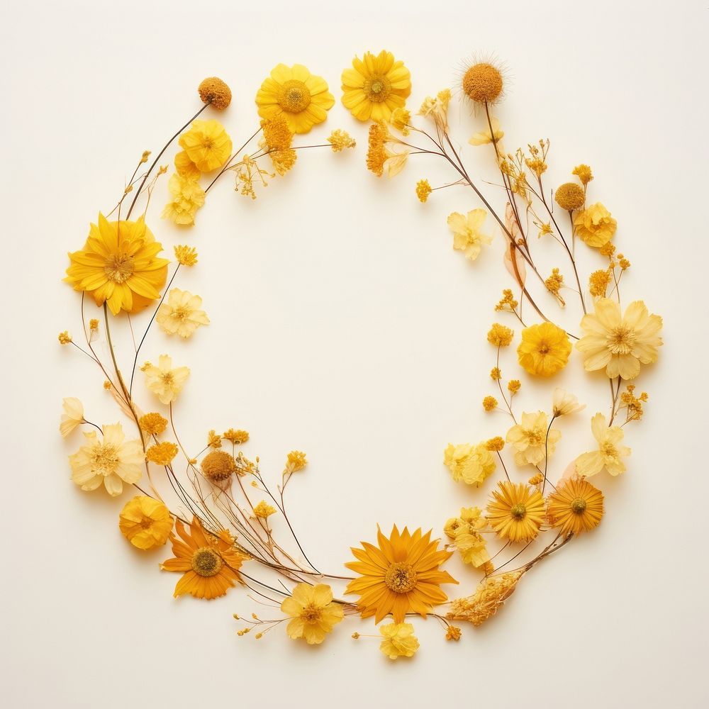 PNG Real pressed yellow flowers circle wreath shape. AI generated Image by rawpixel.