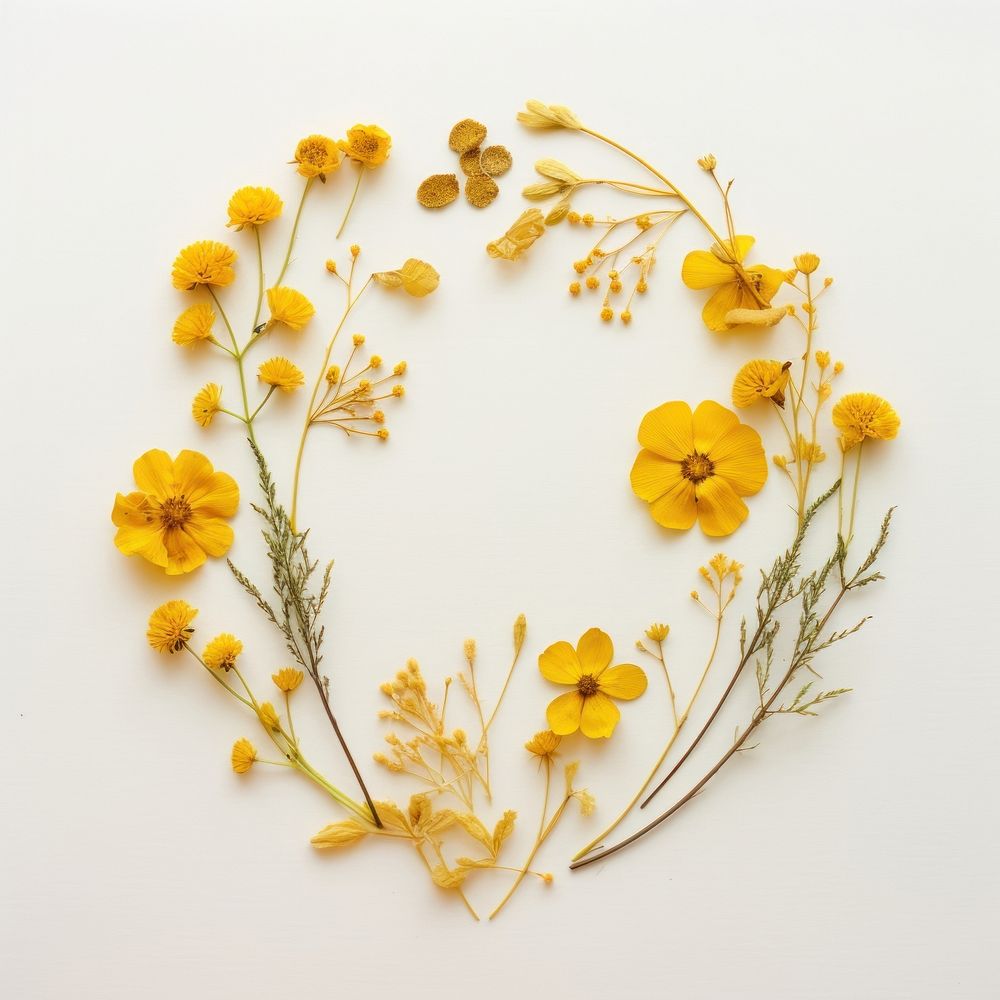 PNG Real pressed yellow flowers circle wreath plant. AI generated Image by rawpixel.