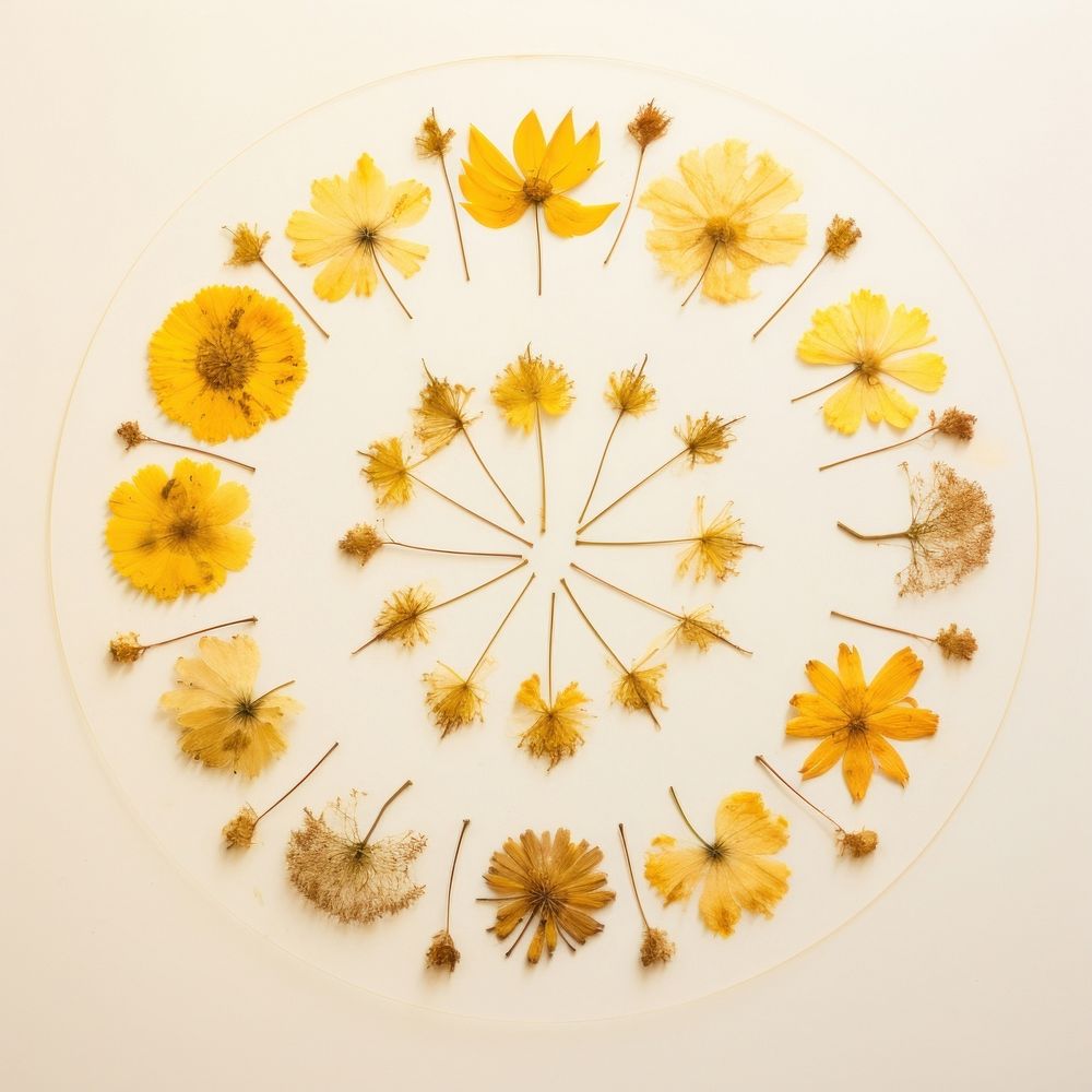 PNG Real pressed yellow flowers circle shape petal. AI generated Image by rawpixel.