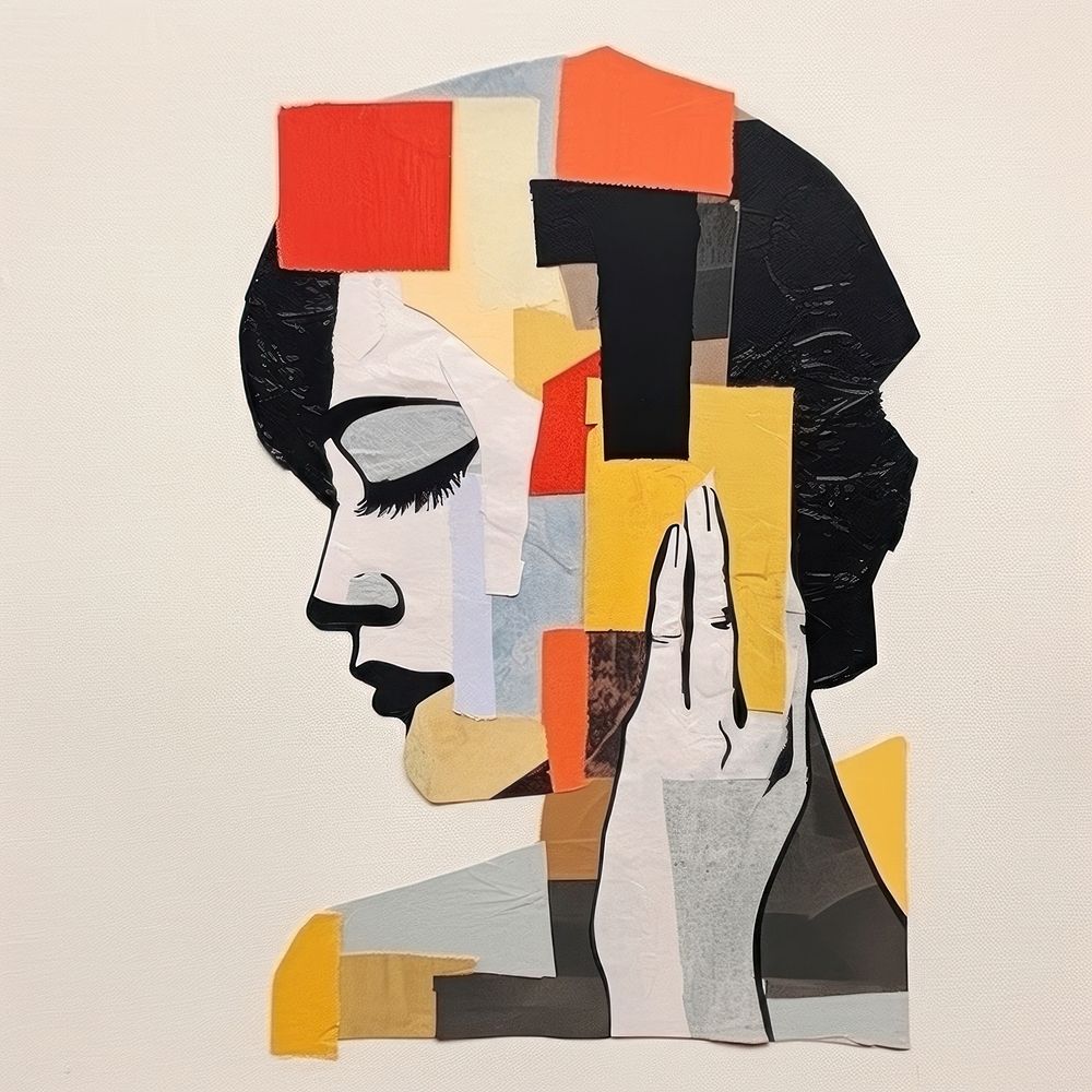 Woman thinking collage painting hand.