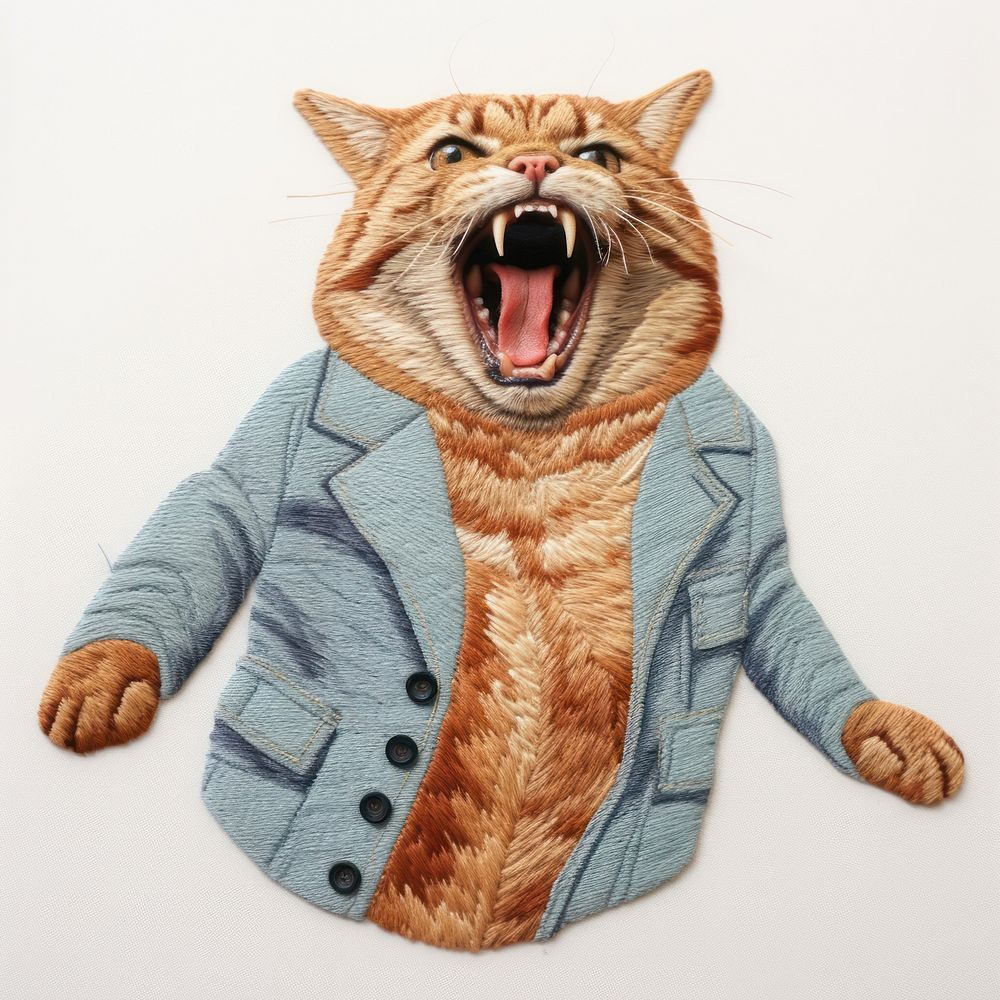 Cat in embroidery style textile coat art.