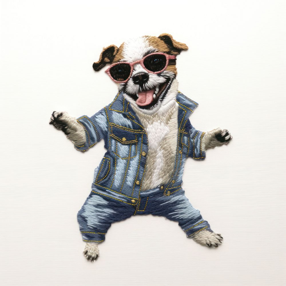 Dog dancing embroidery style fun white background representation.