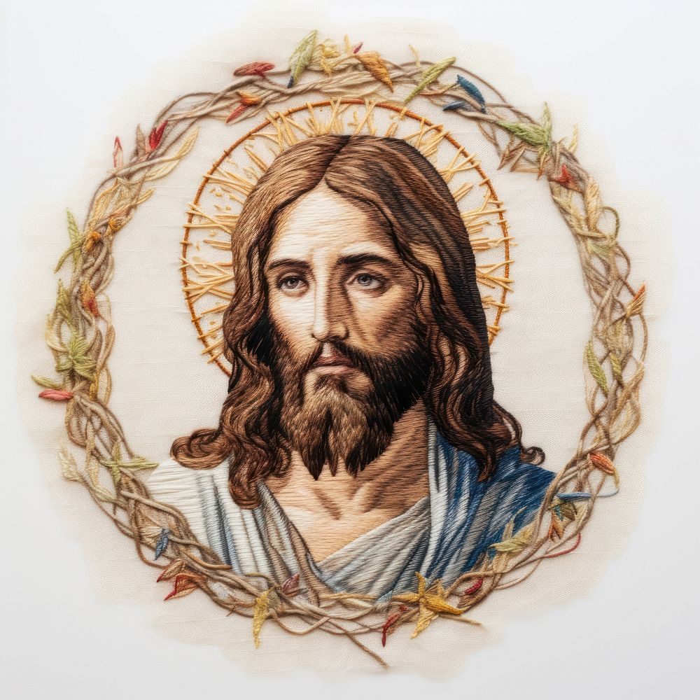 Jesus in embroidery style portrait painting drawing.