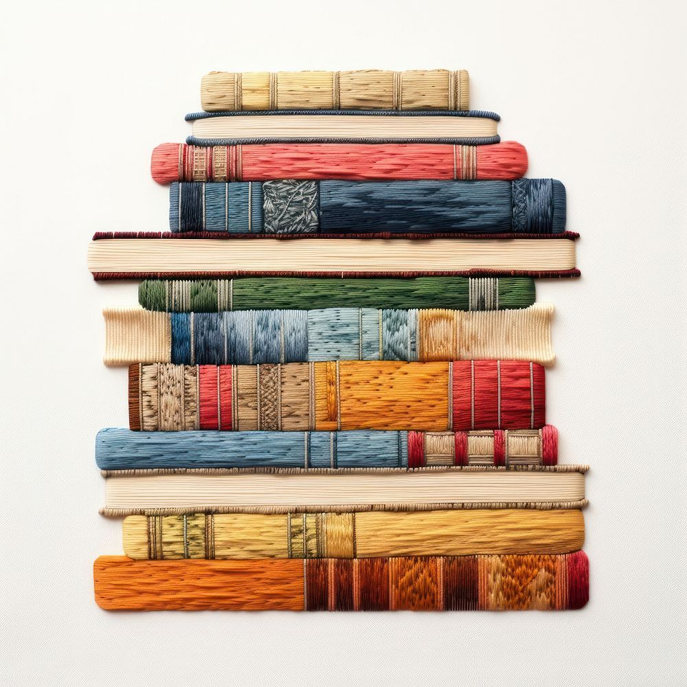 Stack of books embroidery style publication arrangement literature.