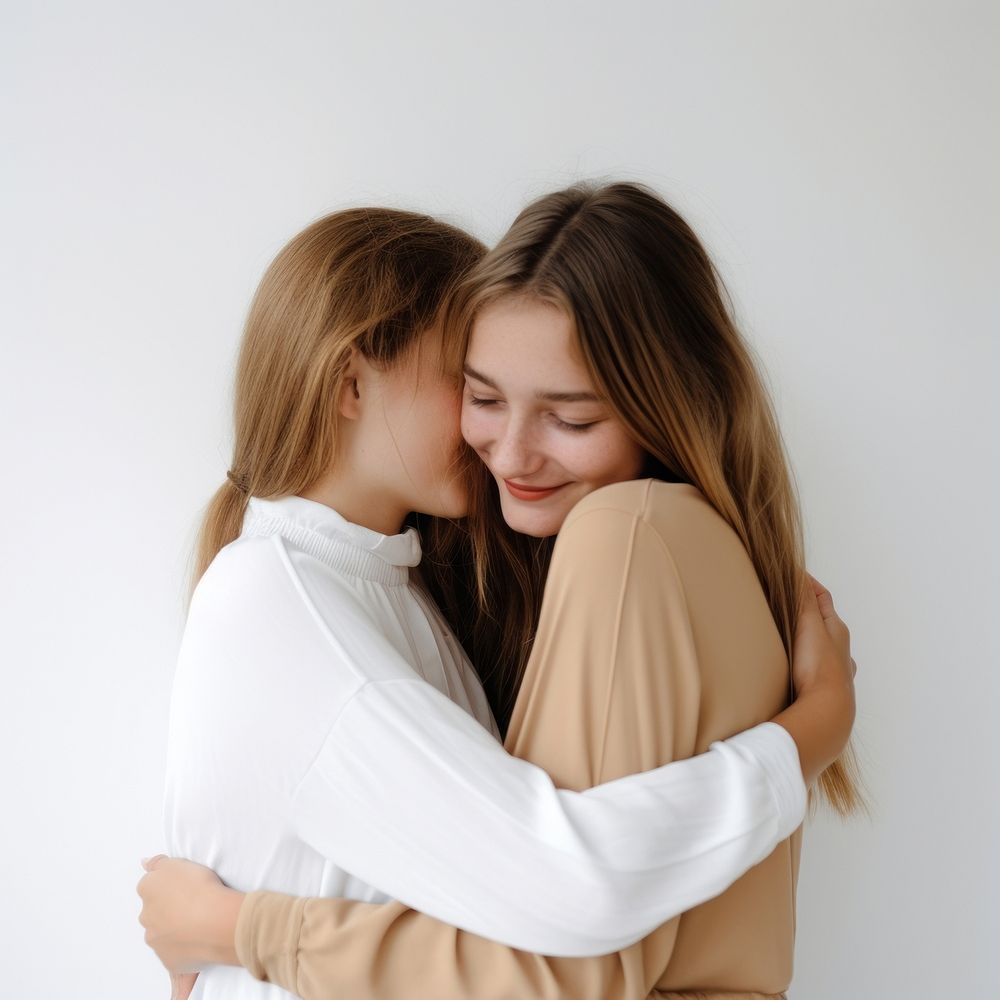 Two hugging friend adult white background affectionate.