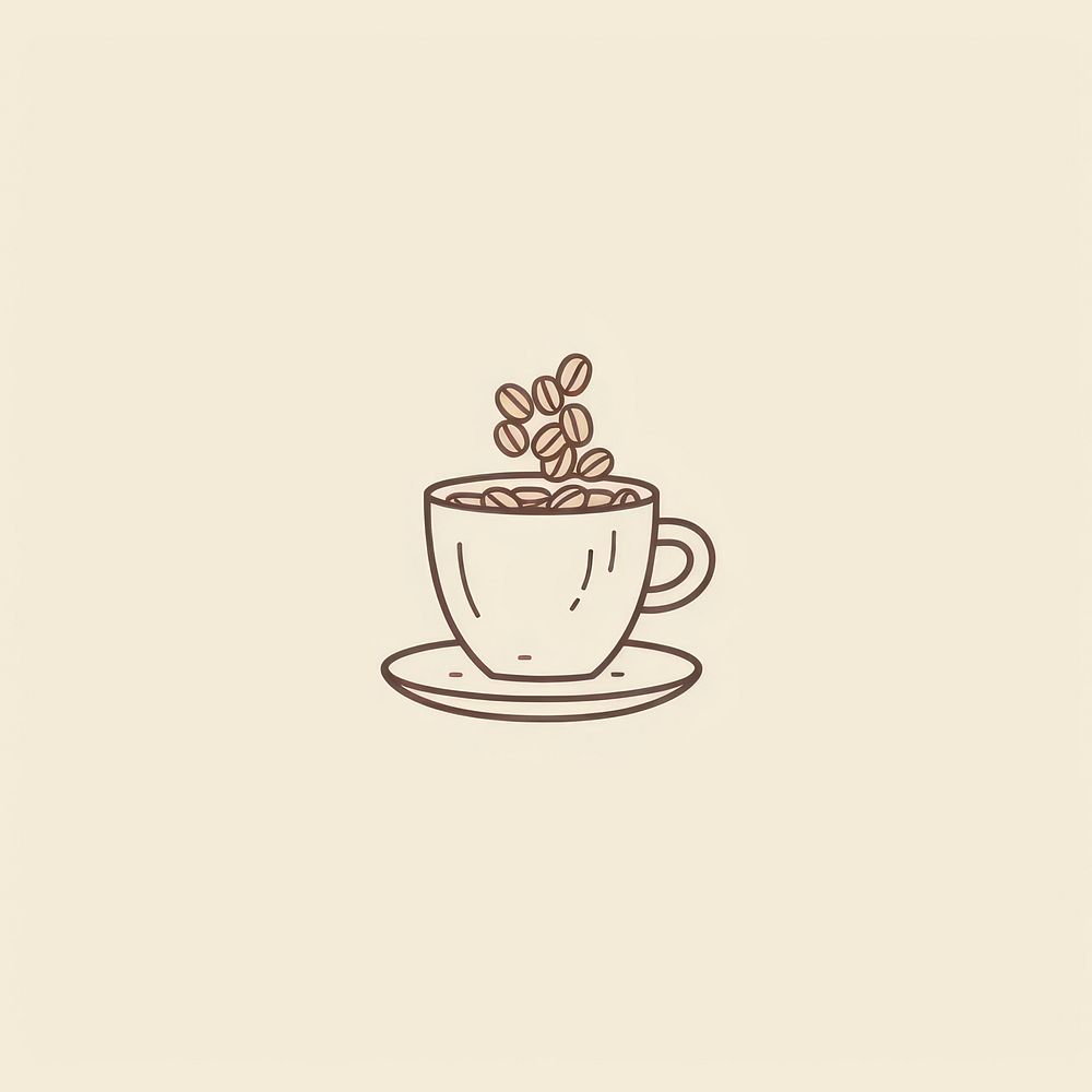 Coffee cup with coffee beans icon drawing saucer drink.