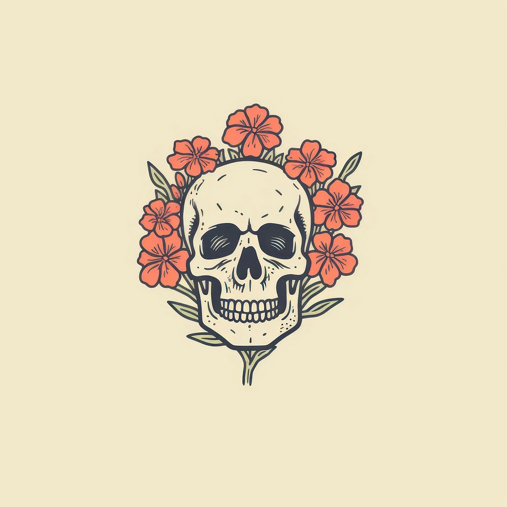 Skull with flowers icon drawing sketch plant.