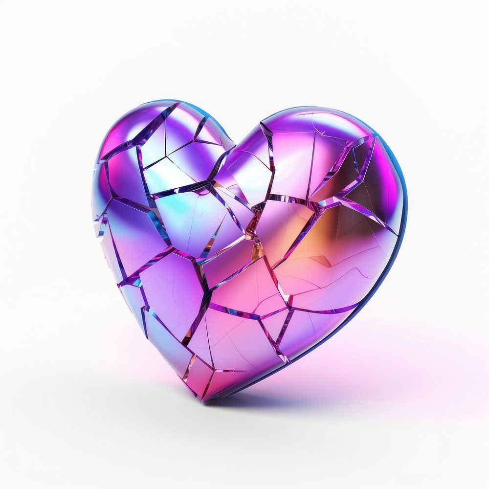 Broken heart shape iridescent jewelry purple white background.