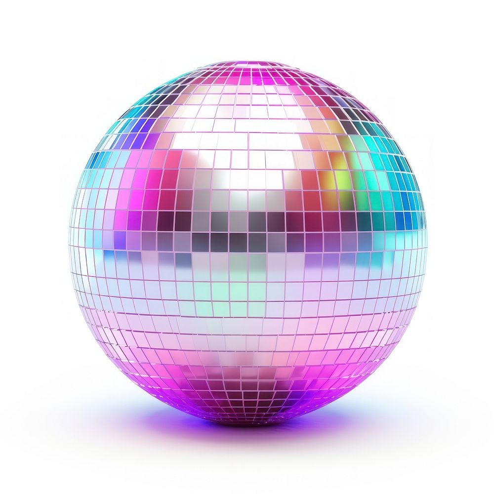 Disco ball iridescent sphere purple white background.