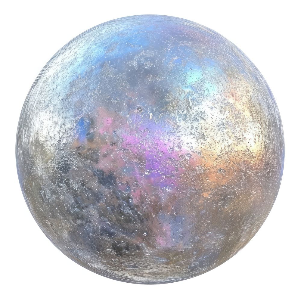 Full moon iridescent sphere white background aluminium.