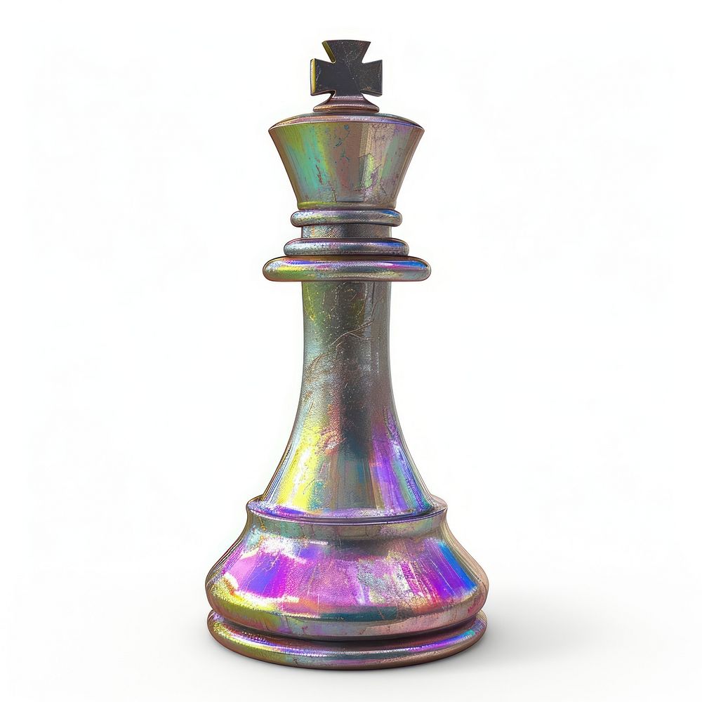 Queen chess iridescent metal white background chessboard.