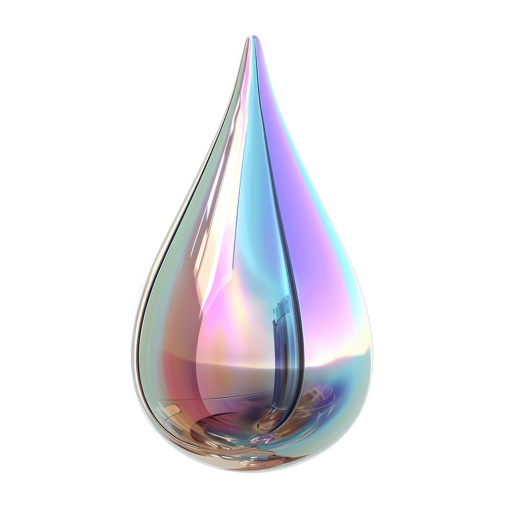 Water drop iridescent vase white background reflection.