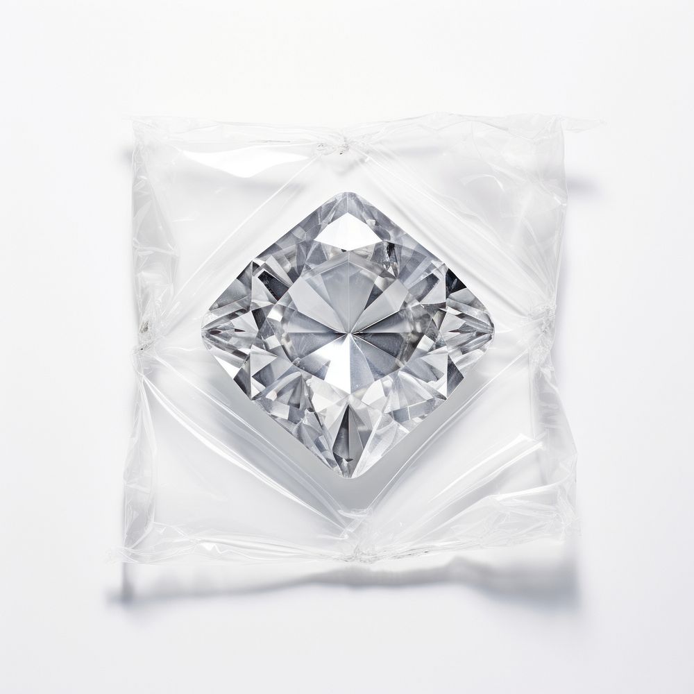 Plastic wrapping over a diamond gemstone jewelry white background.