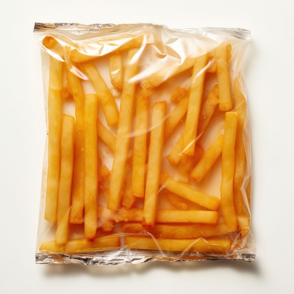 Plastic wrapping over a french fries food white background freshness.