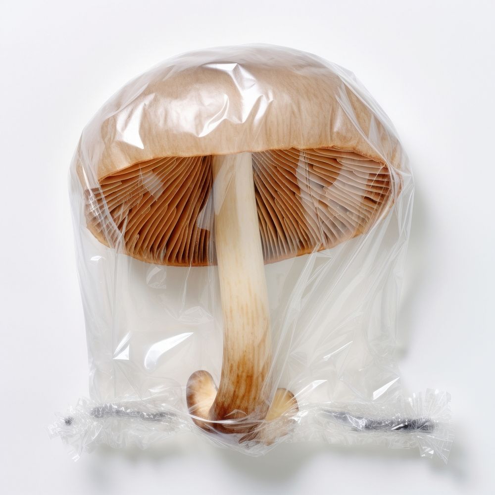Plastic wrapping over a mushroom fungus bag white background.